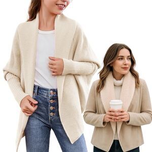 Chelsea & Theodore Faux Fur Collar Suede Open Cardigan Sweater Knit Chunky XL